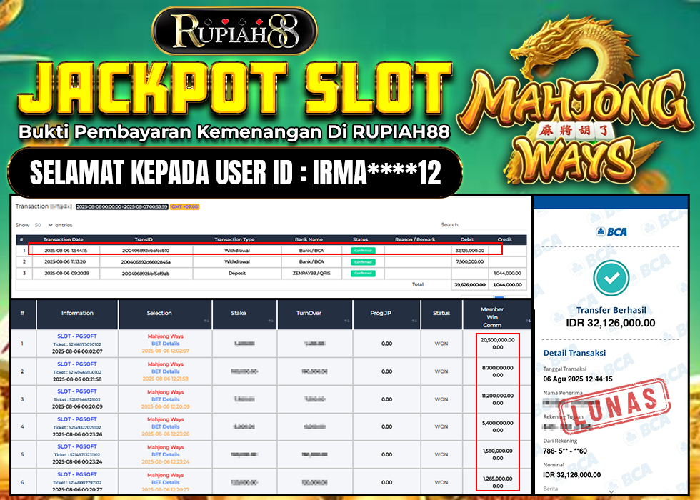 RUPIAH88 JACKPOT SLOT MAHJONG WAYS Rp.32.126.000,- LUNAS	