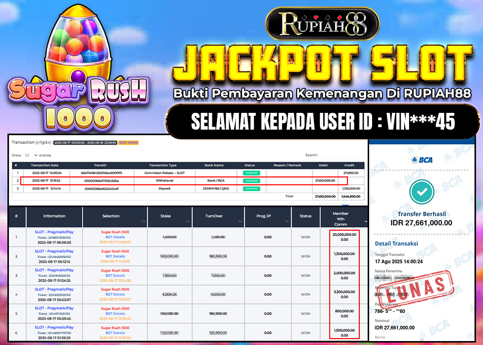 RUPIAH88 JACKPOT SLOT SUGAR RUSH 1000 Rp.27.661.000,- LUNAS