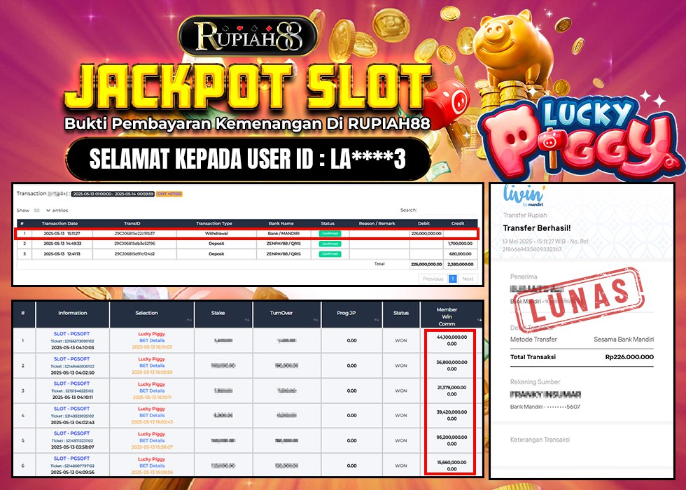 RUPIAH88 JACKPOT SLOT LUCKY PIGGY Rp.226.000.000,- LUNAS