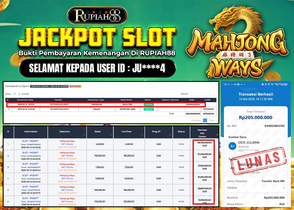 RUPIAH88 JACKPOT PG SLOT MAHJONG WAYS Rp.205.000.000,- LUNAS