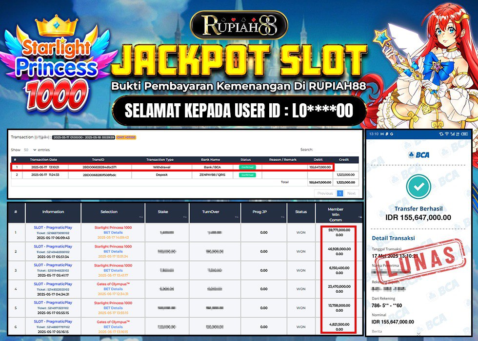 RUPIAH88 JACKPOT SLOT STARLIGHT PRINCESS Rp.155.647.000,- LUNAS