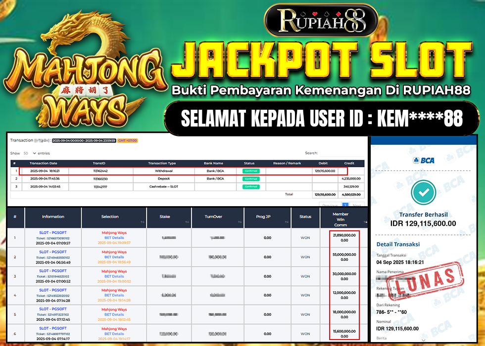 RUPIAH88 JACKPOT SLOT MAHJONG WAYS Rp.129.115.000,- LUNAS