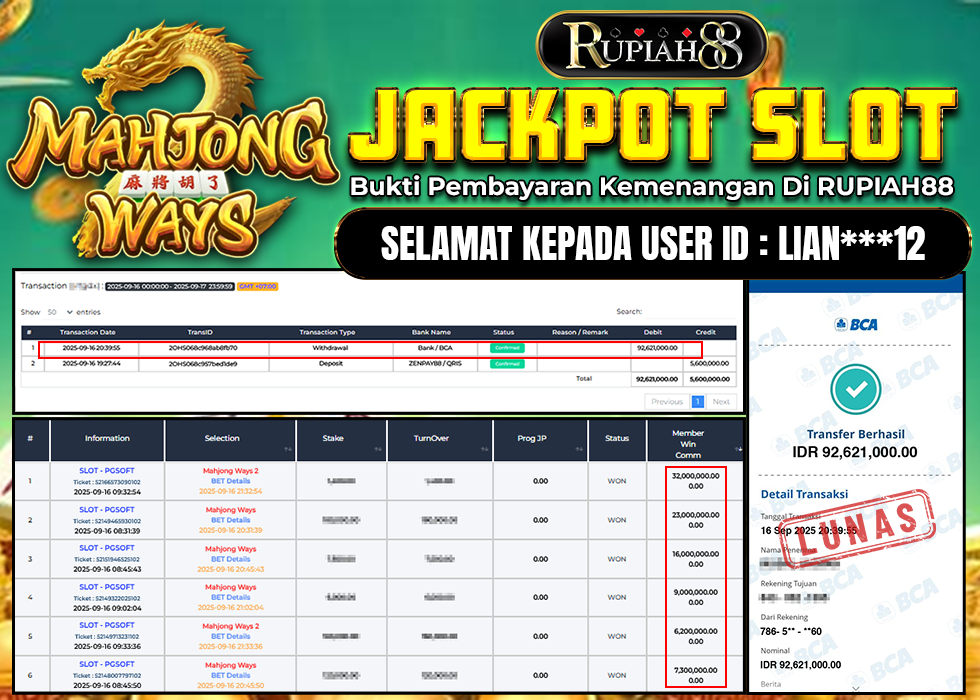 RUPIAH88 JACKPOT SLOT MAHJONG WAYS 2 Rp.92.621.000,- LUNAS